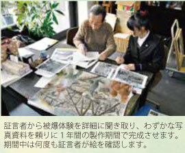 証言者から被爆体験を詳細に聞き取り、わずかな写真資料を頼りに１年間の製作期間で完成させます。期間中は何度も証言者が絵を確認します。